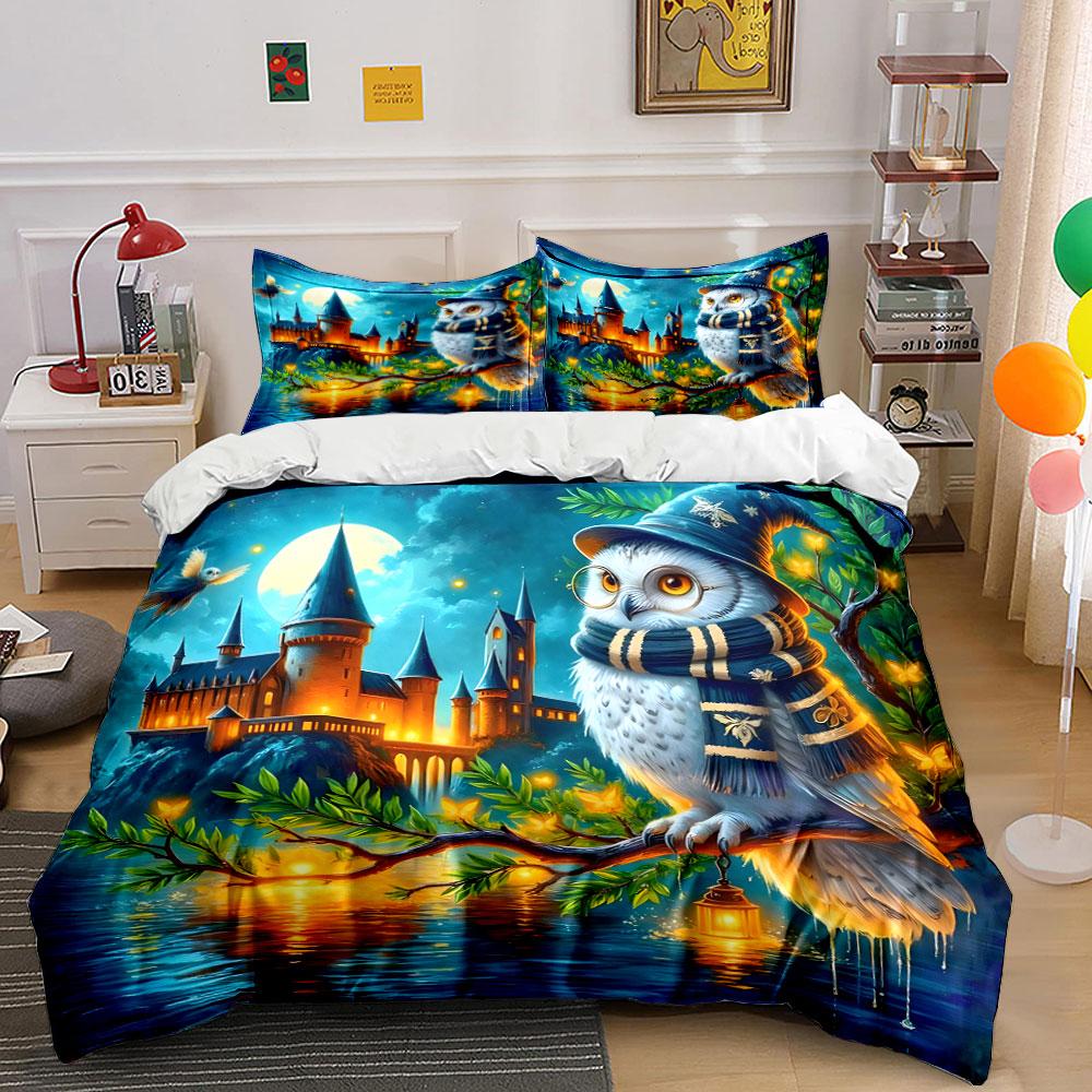 Magical Owl With Castle At Night Print Bedding Set 1 Duvet Cover 2 Pillowcases For Adult And Children Luxury Gift Full Size EU Twin 135X200cm&set
