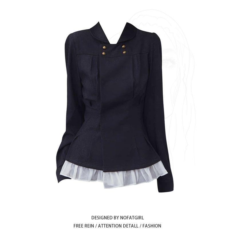 

Plus-Size Stylish Korean-Style Double-Breasted Denim Pleated Waist-Cinching Shirt for Women, Autumn Commuter Top Jacket Tops L