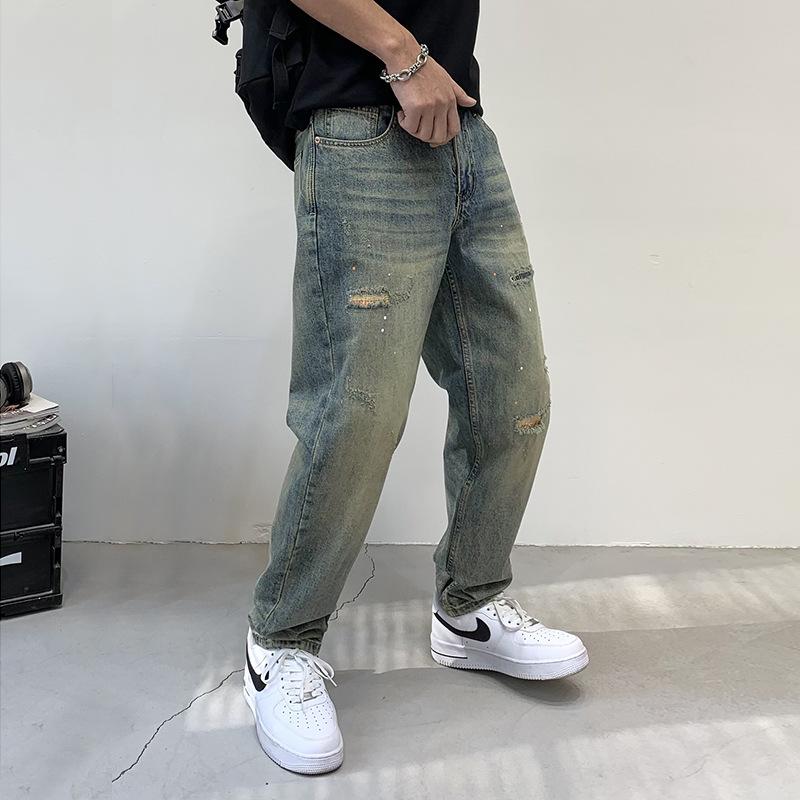 Patch Ripped Jeans Men's American High Street Vintage Old Beggar Wind Straight Loose Daddy Denim Pants