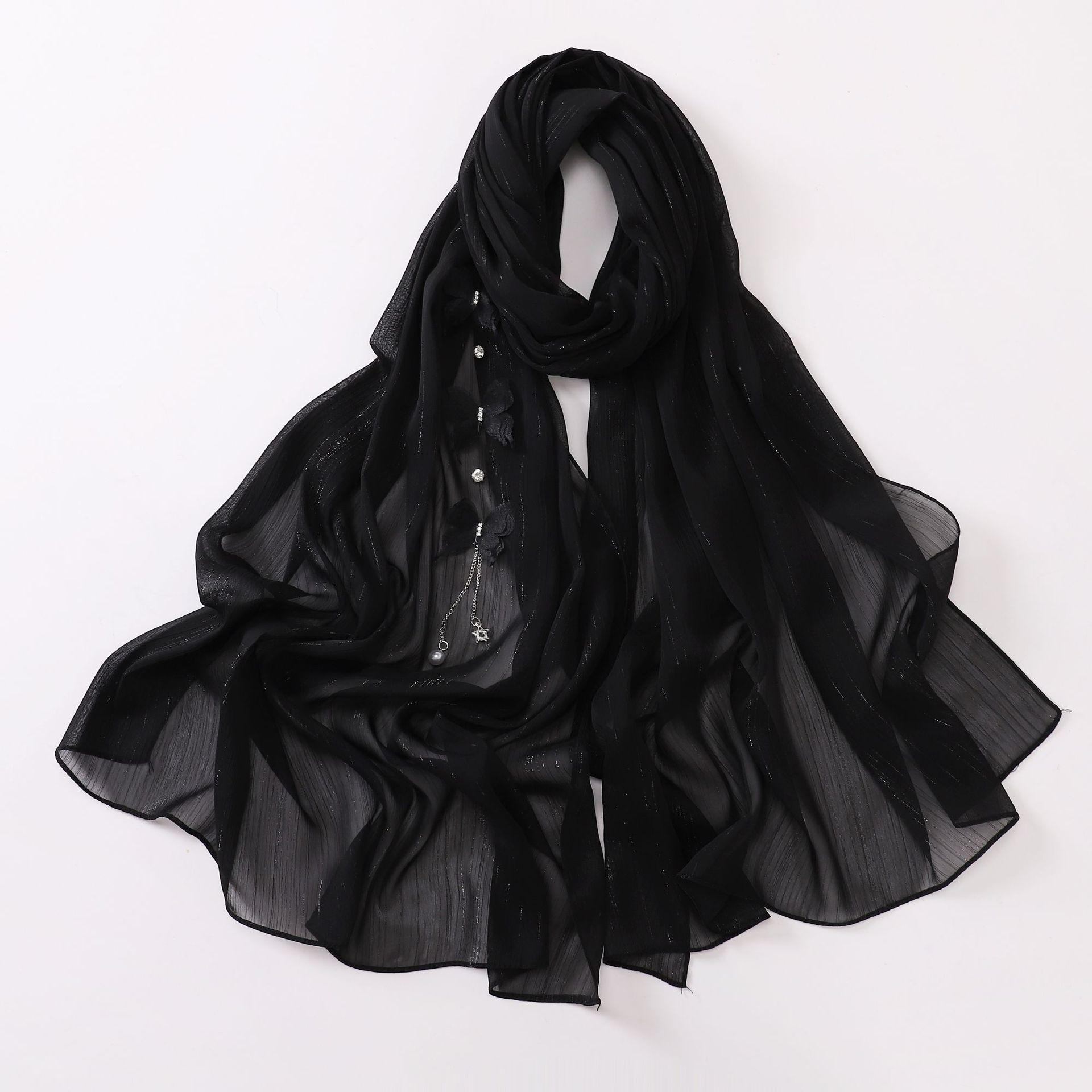 Роскошный переливающийся шифоновый мусульманский хиджаб с аксессуарами-бабочками, жемчужным кулоном, серебряной проволокой, шарф-обертка, исламский тюрбан-хиджаб для женщин