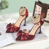 Pointed Toe Women's Sandals for Party and Weddings Bow Stiletto Red Ladies Shoes Asian Size The Best Footwear Korea Original Pvc