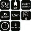 Extension cord 1.5m, 3x1.5mm2, 3G, white, ON/OFF