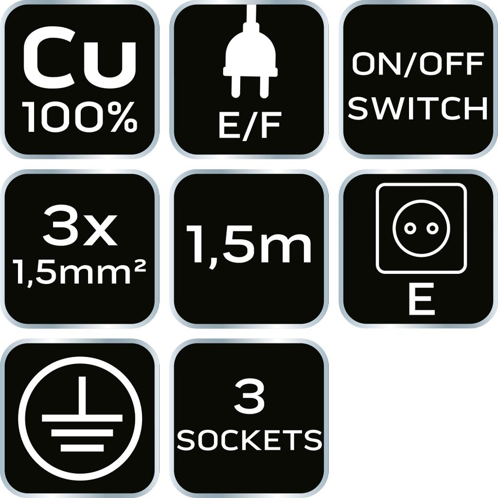 Extension cord 1.5m, 3x1.5mm2, 3G, white, ON/OFF