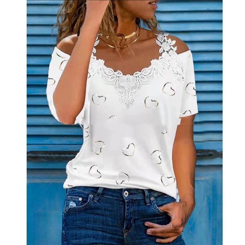 

Летние футболки с V-образным вырезом, кружевной отделкой, открытыми плечами и короткими рукавами, повседневные женские 5XL
