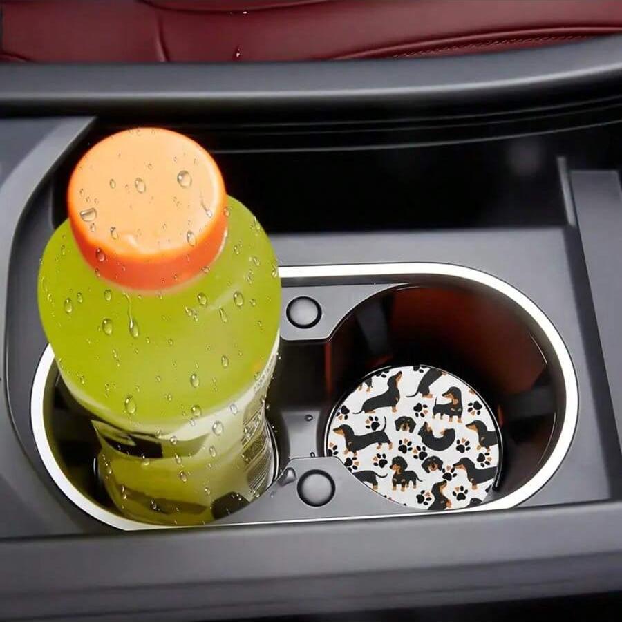 2PCS Car Anti slip Mat Car Cup Mat, Printed with Sausage Dog, Car Water Absorbing and Thermal Insulation Mat