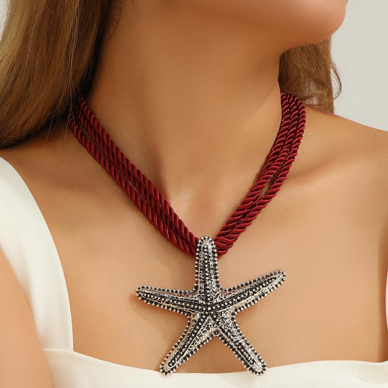 Punk Boho Colorful Metal Oil Drop Big Starfish Pendant Rope Chain Summer Necklace For Women Summer Jewelry Gift