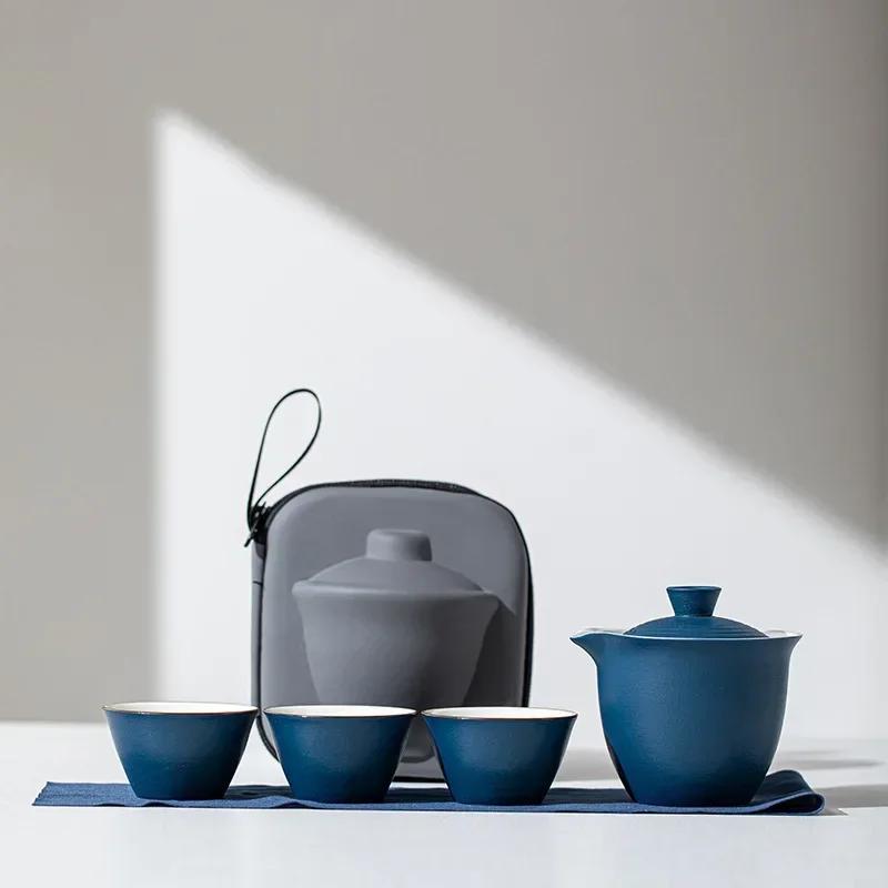 2025 Новый 1 набор Портативный набор чайника и чашек с дорожным набором Кунг-фу Чайная посуда Керамические Чайники для чая на открытом воздухе Китайский набор чайника и чашек синий