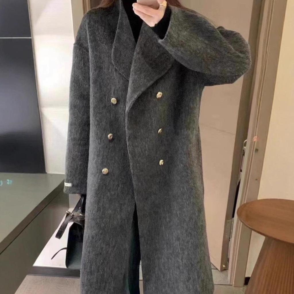 Korean High-Collar Gentle Gray Loose-Fit Wool Coat for Women - Autumn/Winter Fashion