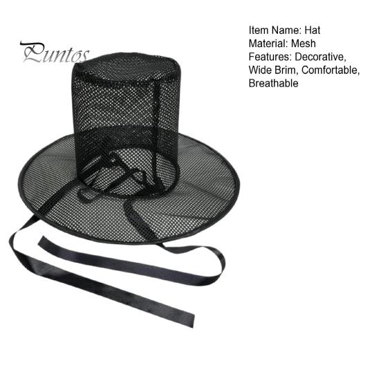 Breathable Costume Hat Vintage Korean Gat Hat, Black Mesh Wide Brim Joseon Dynasty Crisp Fabric Scholar with Neck Strap, Halloween Cosplay Accessory