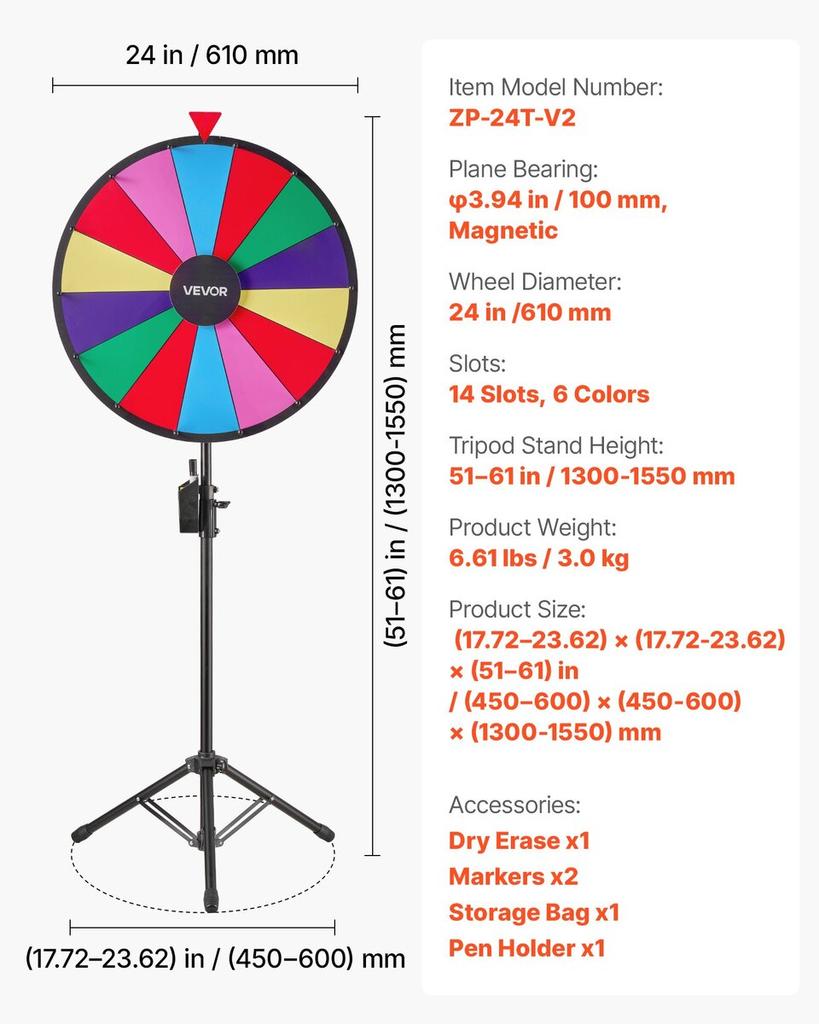 Ruota della Fortuna Rotante da 610 mm, Ruota Rotante a 14 Scomparti con Treppiede, Roulette Vincita Fortuna ad Altezza Regolabile con Lavagna Cancellabile a Secco e 2 Pennarelli, 6 Colori,