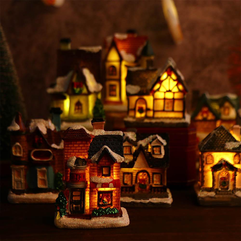Xmas Gift Fairy Garden Mini Miniatures Resin Craft Figurine Village House Christmas Decoration LED Light Ornament