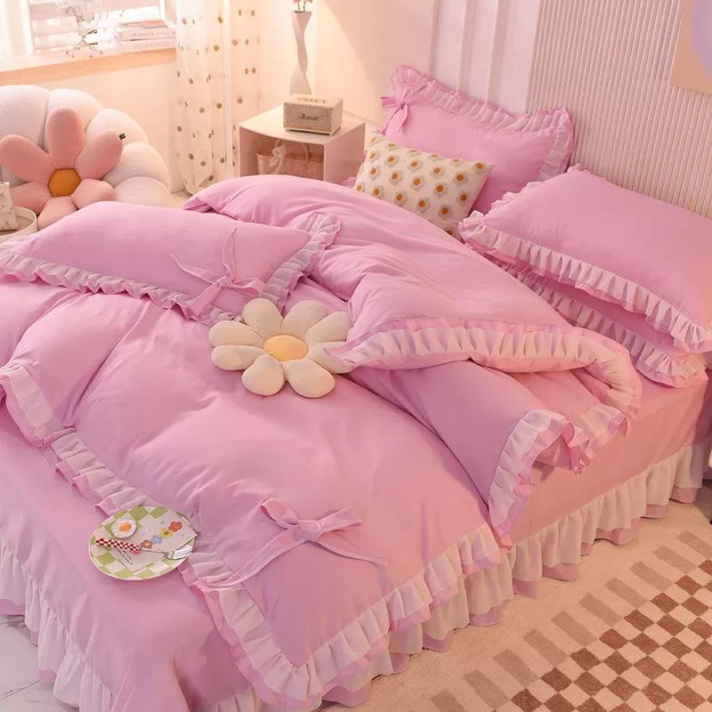 Girls Bedding Sets Kawaii Seersucker Bed Sheet Pillowcase Fashion Princess Duvet Cover Solid Color 4 Pieces Cute Home Decoration