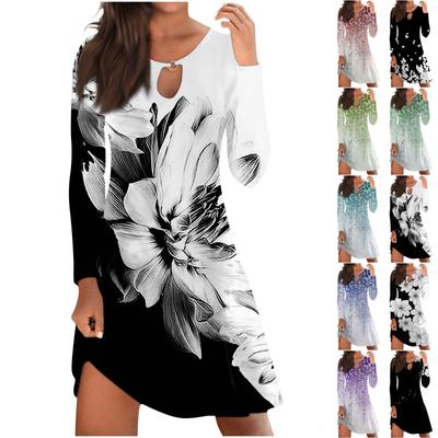 Women's Casual Comfortable Print Long-sleeve Chest Hollow Big Swing Dress