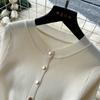 Solid O-neck Knitted Sweater Dress for Women Summer Autumn Short-Sleeve Single-Breasted Tie-Waist Slimming Elegant Bodycon Dress