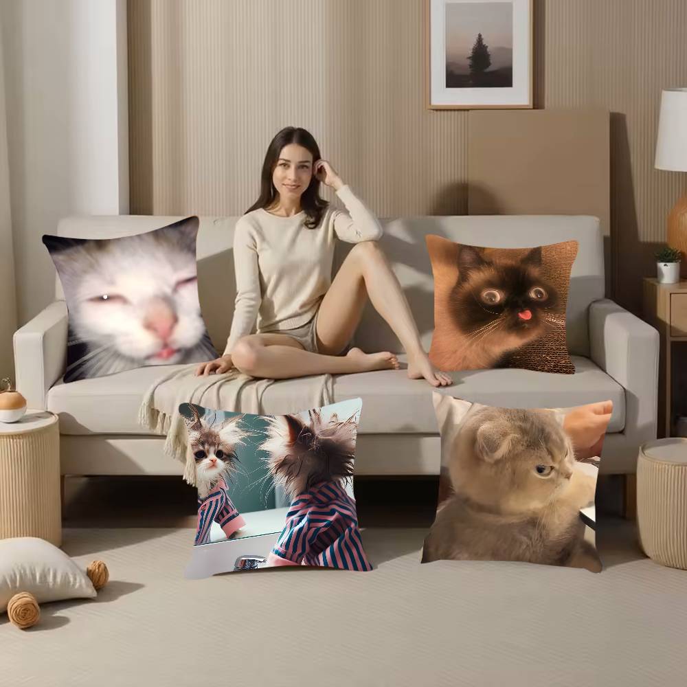 Funny Cat memes Pillow Case  Anti-dustmite Pillowcase Invisible Zipper Silky Short Plush Sofa Cushion Cover