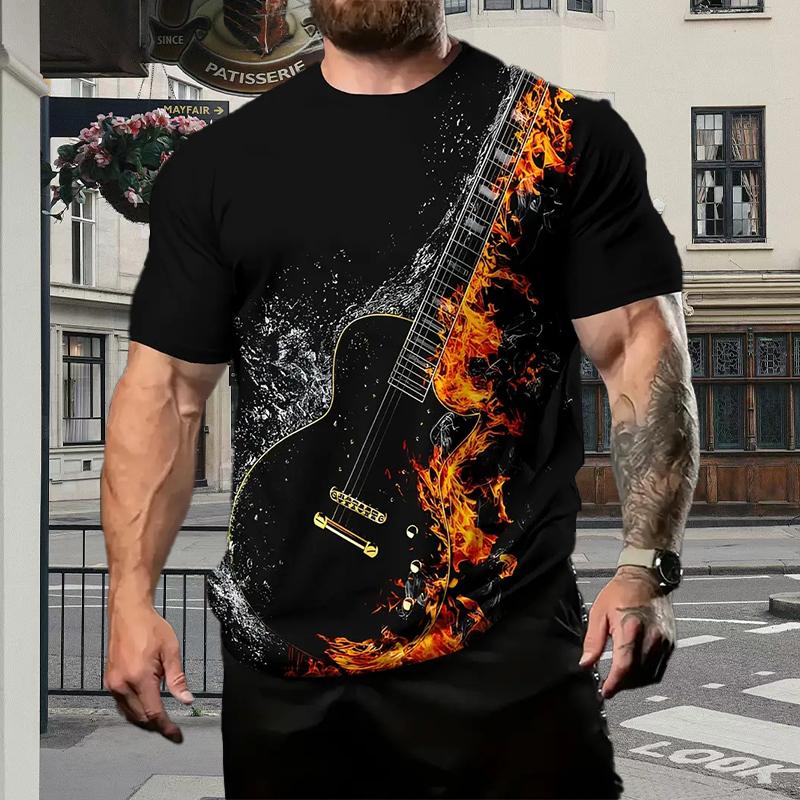 New Summer Men's Fashion T-shirt Personality Guitar Printed Men's T-shirt Top