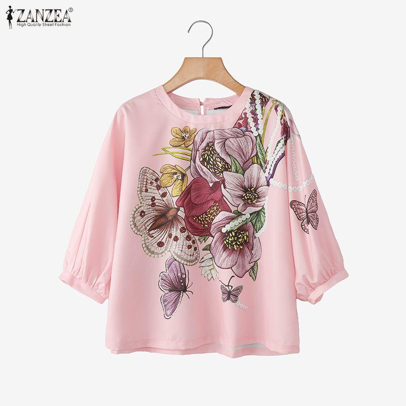 ZANZEA Women Casual Round Neck 3/4 Sleeve Loose Print Blouse