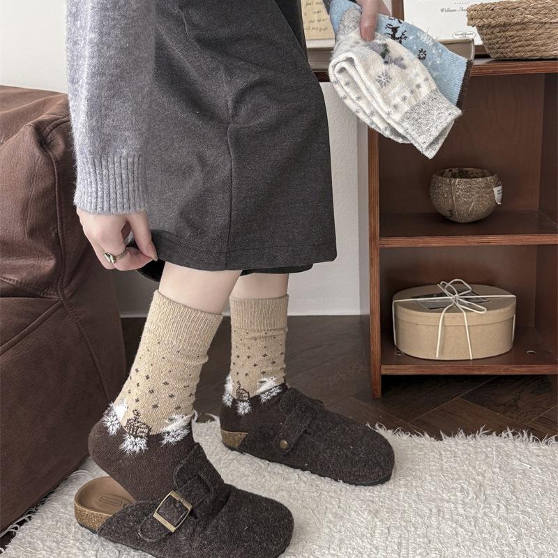 Christmas Snowflake Cartoon Wool Socks Vintage Mid-Leg Socks Thickened And Warm