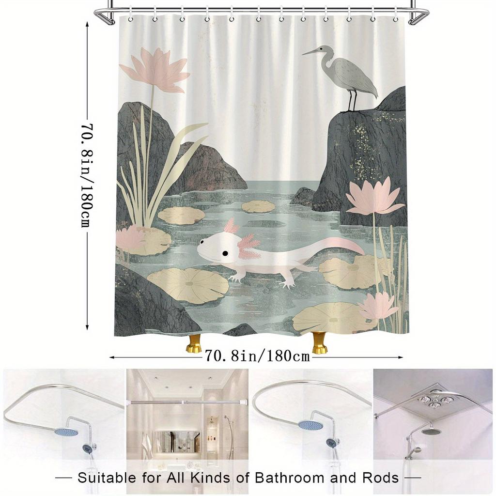 Playful Watercolor Shower Curtain - Axolotl & Heron Design, Soft Colors, 12 Hooks Included, 70X70 Inches