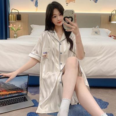 Summer Women's Pajamas: Lightweight Ice Silk Short-Sleeve Cardigan Nightdress - Sweet, Loose Shirt Dress for Home or Outdoor Wear.