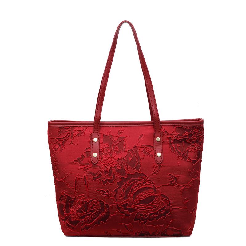 Women's Large Red Canvas Handbag - 2025 Stylish Single Shoulder Tote for Bridal Wedding Banquet