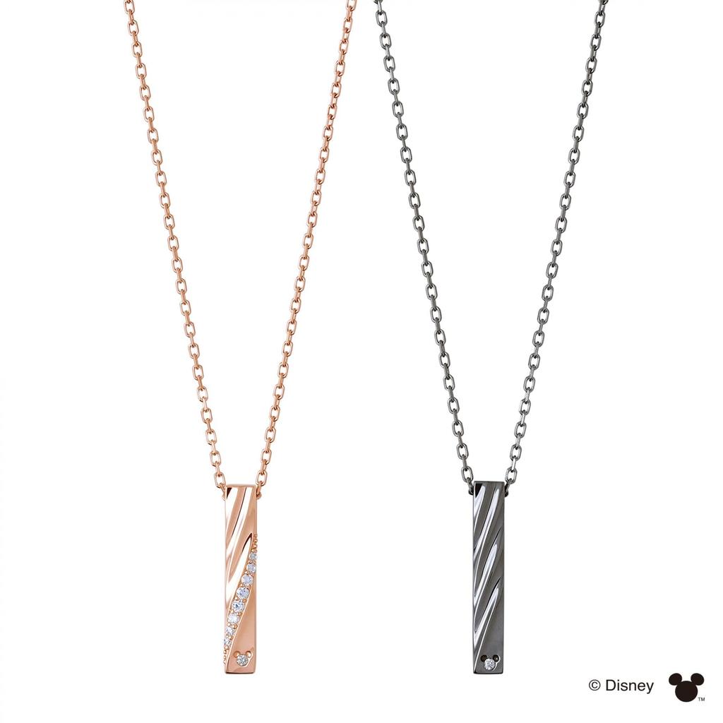 THE KISS Disney Hidden Mickey Diamond Silver Pair Necklace DI-SN514DM-515DM - Pink & Black Twisted Bar Top for Couples, Gift Box