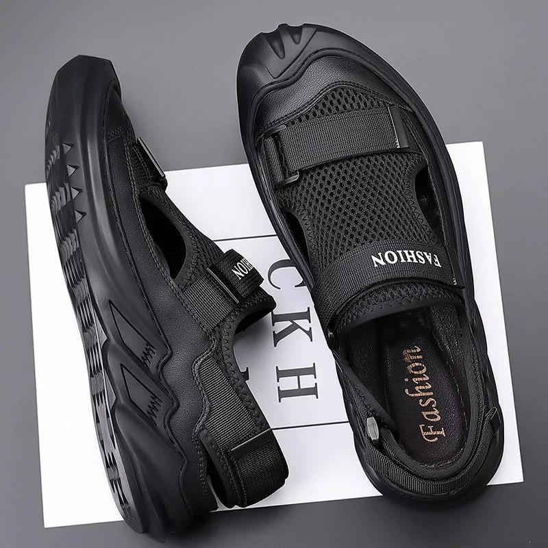 Men's Sandals Summer Leather Breathable Mesh Sandals Outdoor Casual Portable Walking Shoes Non-slip Comfortable Black Beach Shoe