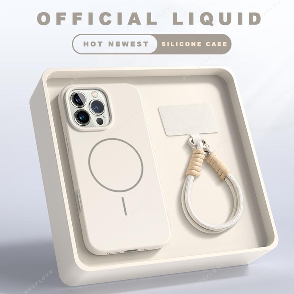 Official Lanyard Magnetic Phone Case For iPhone 15 14 16 Plus 11 12 13 16 Pro Max Silicone Magsafe Strap Protector Soft Cover