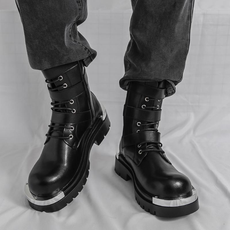 Designer New Men's Black Rock Punk Hip-hop Belt Buckle Ankle Boots Botas Britain Fashion Luxury Motorcycle Shoes Zapatos Hombre