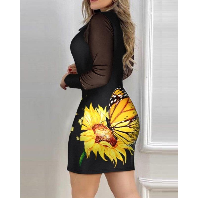 JKASHDK Women's Fashion Spring Fall Flower Pattern Print Long Sleeve V-Neck High Waist Casual Dresses