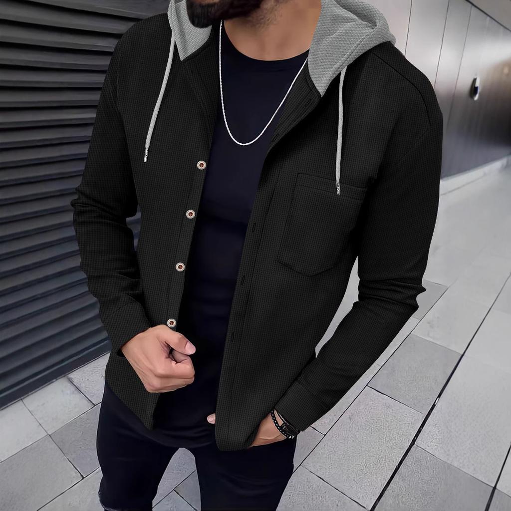 Höst herr våffelmönstrad enkelknäppt huva avslappnad kofta jacka