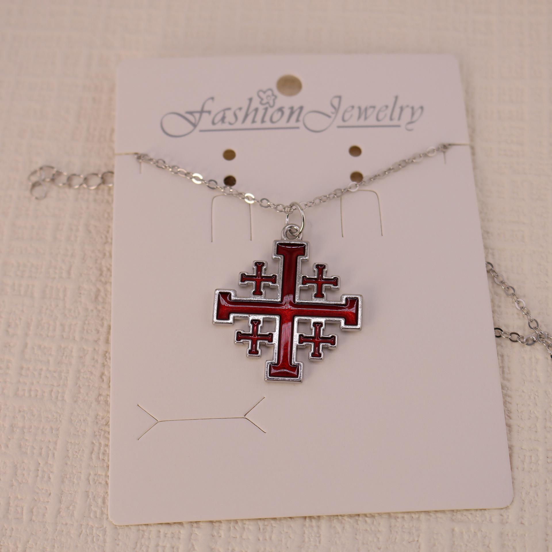 Unisex Retro Rhinestone Jerusalem Cross Long Necklace