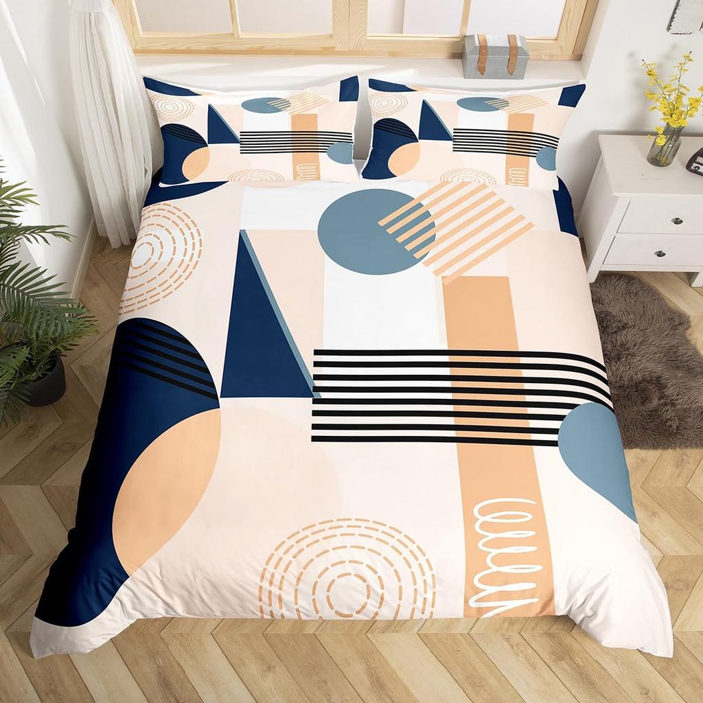 Geometry Duvet Cover Set Simple Circles Grid Pattern Comforter Cover Microfiber Geometric Shape Bedding Set for Boys Adult Gift