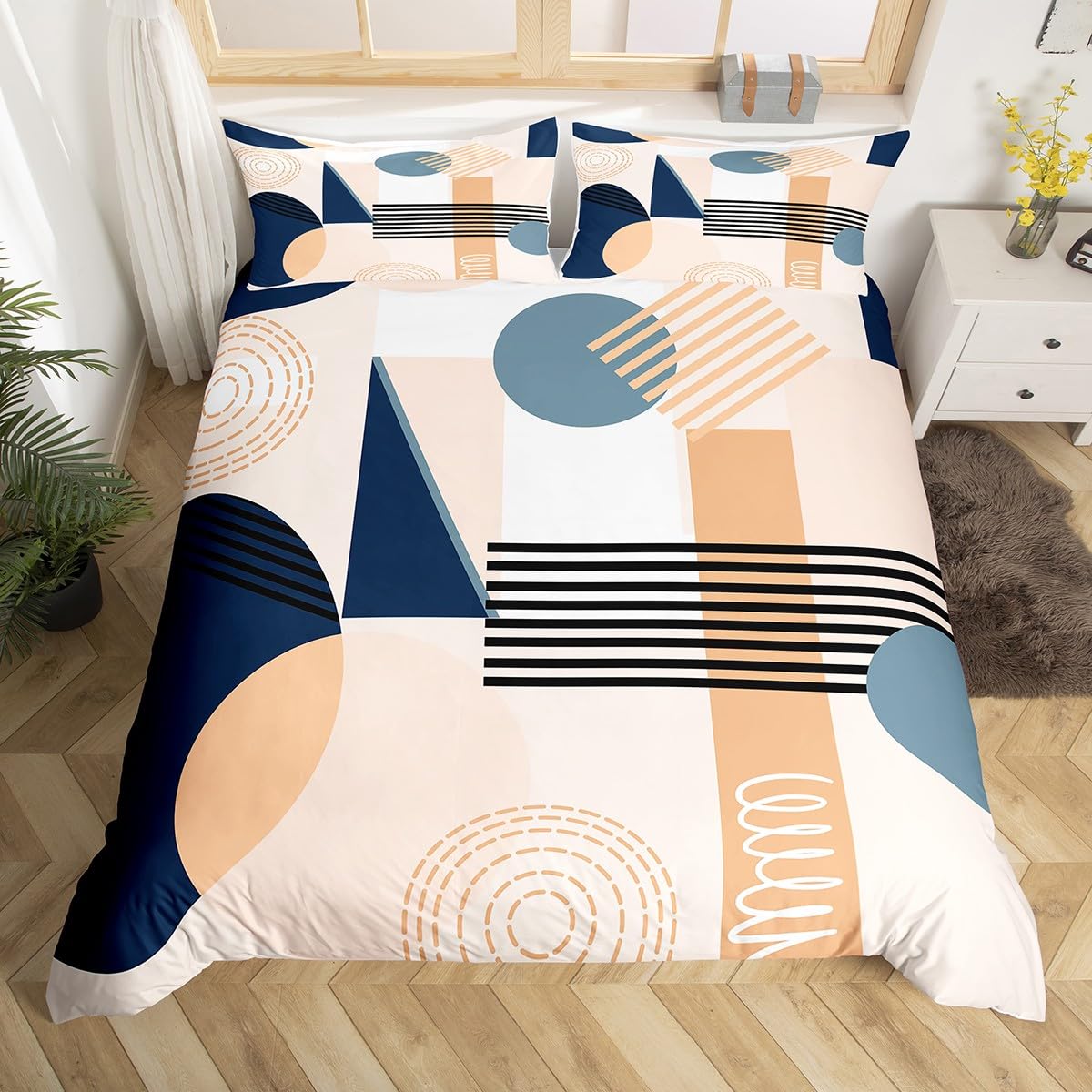 

Geometry Duvet Cover Set Simple Circles Grid Pattern Comforter Cover Microfiber Geometric Shape Bedding Set for Boys Adult Gift EU Single(135*200cm)3pcs
