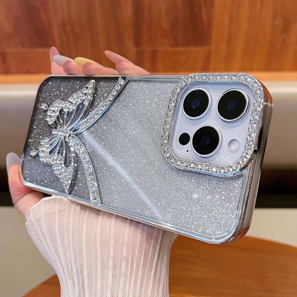 For iPhone 16 Pro Max Rhinestone Butterfly Cover For iPhone 11 12 13 14 15 Plus Gradient Color Flash Electroplated Luxury Shell