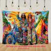 2D Flower Power Hippie Backdrop, 60s 70s Couple on Motorcycle Background for Themed Party