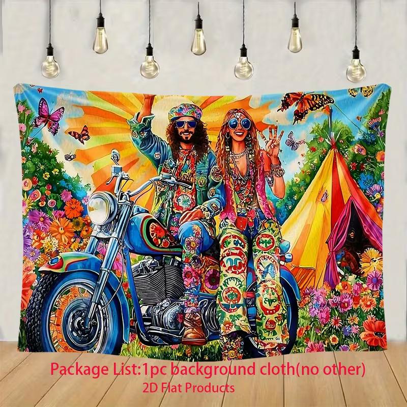 2D Flower Power Hippie Backdrop, 60s 70s Couple on Motorcycle Background for Themed Party