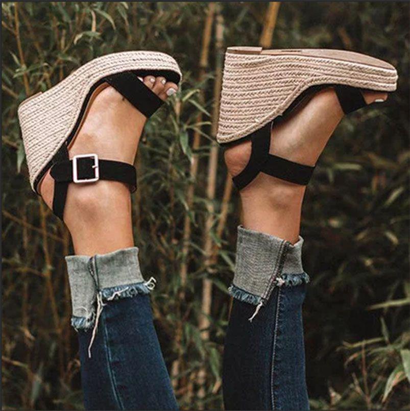 Elegant Summer Hemp Ladies Peep Toe Rope Wedge Sandals With Buckle Ankle Strap