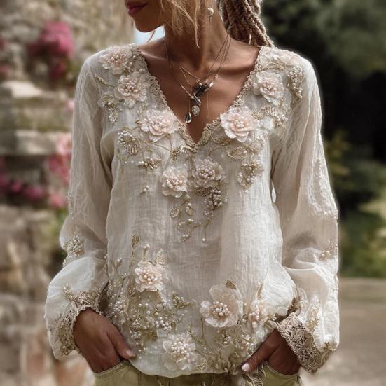 Women T-shirt V-Neck Long Sleeve 3D Flower Decor Pullover Tops with Faux Pearls Decor Spring Autumn Casual Tee Shirt