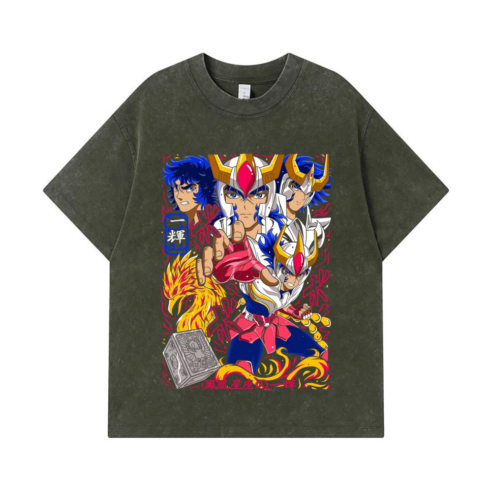 

Стиранные футболки 275 г/м² 100% Хлопок Saint Seiya V7 Принт Феникса Унисекс Тяжелая хлопковая футболка S армия зеленый