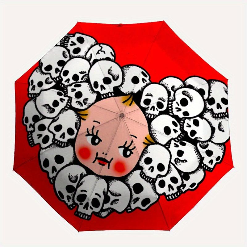 

1pc Skull Heart Automatic Open/close Folding Umbrella, Compact Portable Travel Umbrella, Perfect Birthday/Christmas, Cute Umbrella, Durable