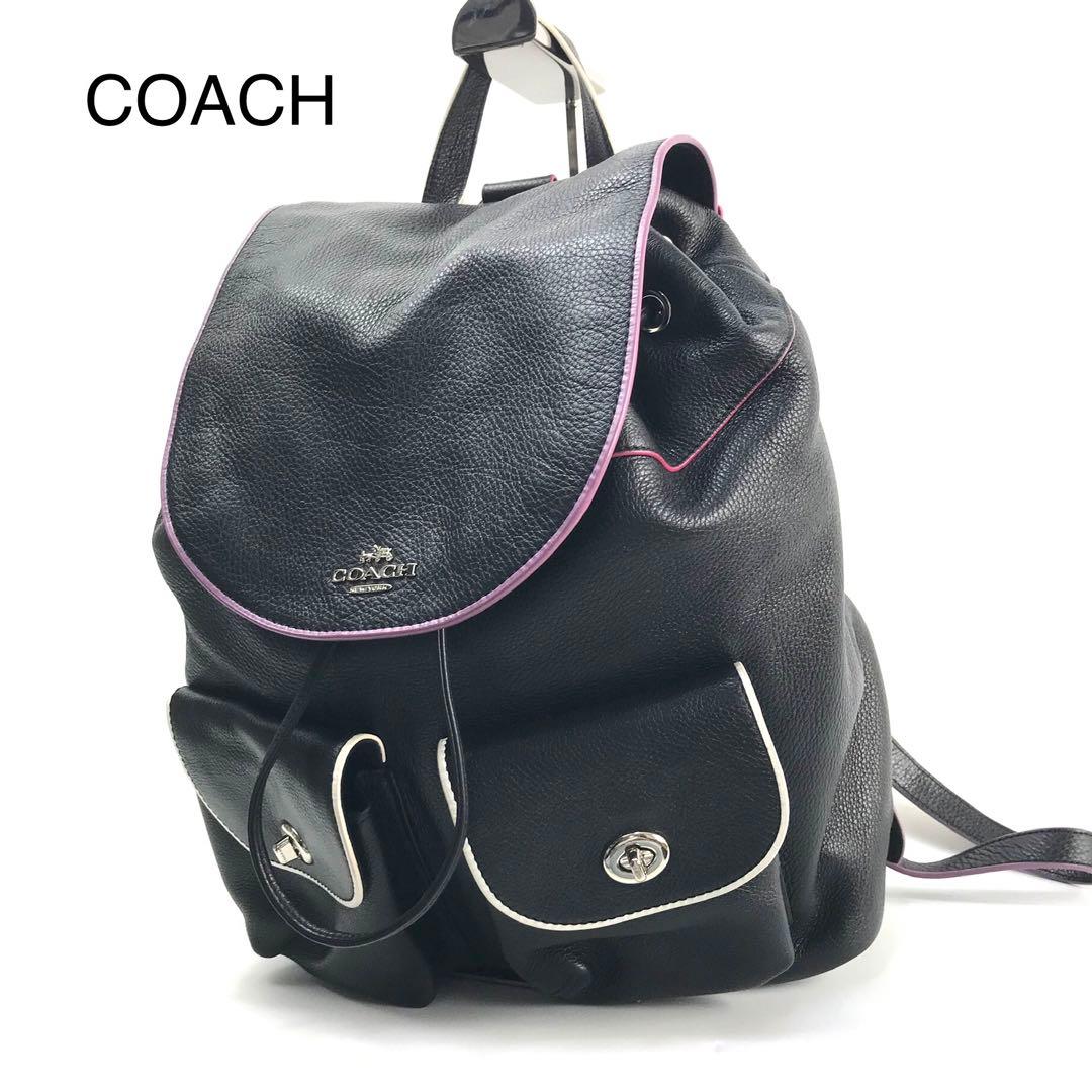 

[USED] Coach Backpack Black Leather Pink Line 12014