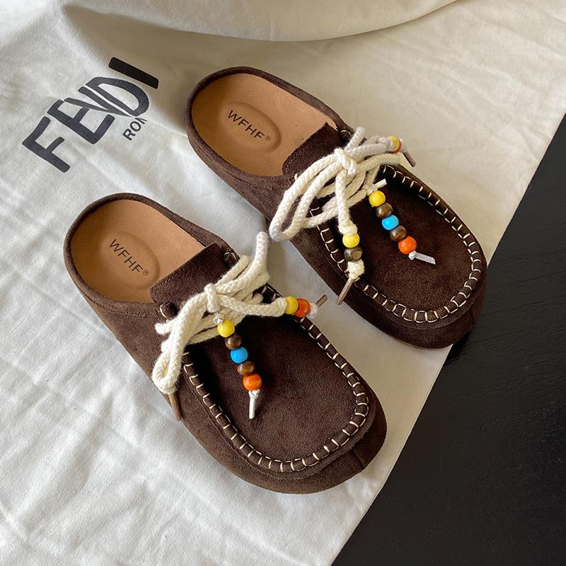 Women's Flat Shoes Cover Toe Slingback Lace-up String Bead One Kick Increased Internal Slippers All-match RetroSuede Women Shoes