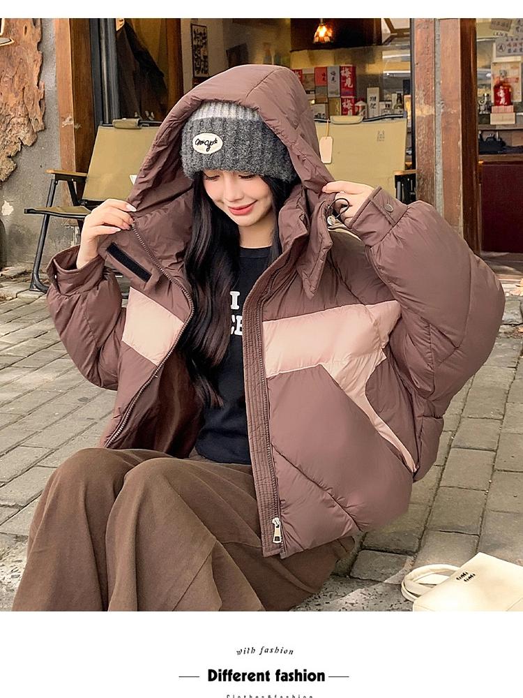Short Color-block Hooded Warm Down Cotton-padded Jacket