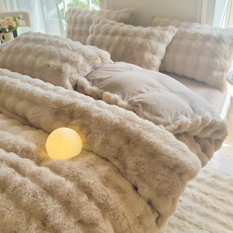 

G5Z Winter Imitation Rabbit Fur 4-Piece High-Gram Double-Sided Fleece Bedding Set Single Duvet 150*200cm