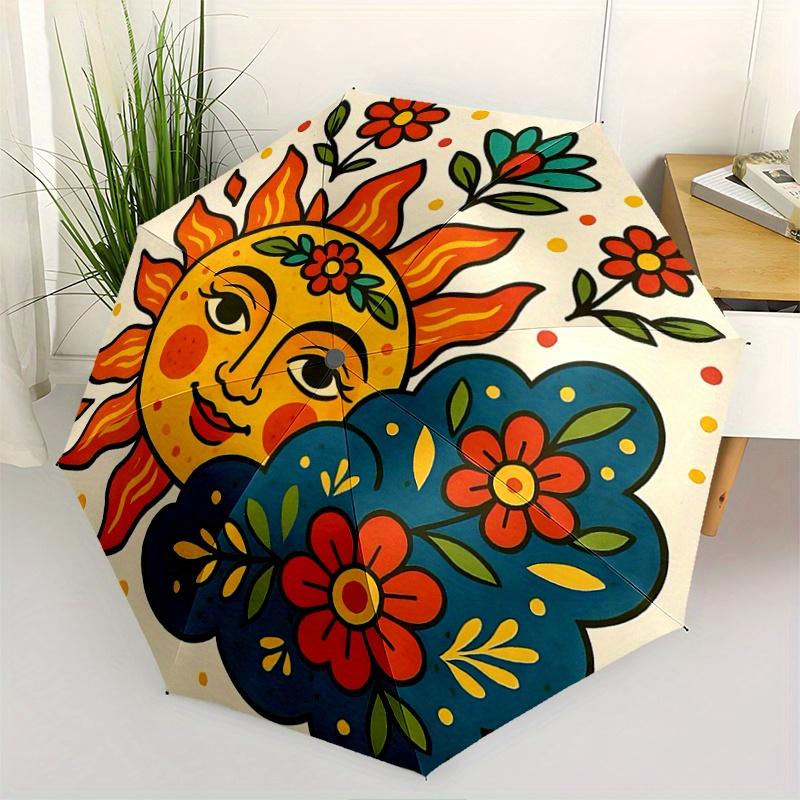 

1pc Sun & Flowers Automatic Opening and Closing Umbrella, Lightweight 3-Fold, With Cute Cartoon Characters, Suitable for Home, Outdoor and D