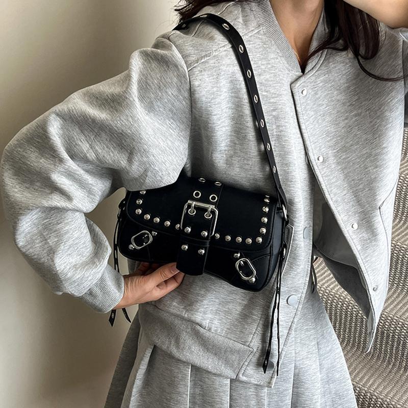 Bolsa de Axila Estilo Punk Tendência Bolsa de Axila Grande Capacidade Bolsa de Mão Estilo Vintage Bolsa de Ombro com Design de Rebites Para Mulheres