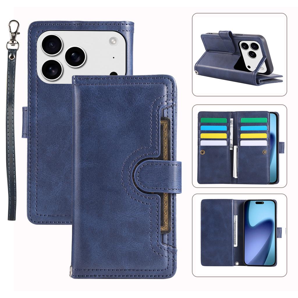 For iPhone 17 Pro Max Case Split Leather Magnetic Wallet Phone Protector with Wrist Strap
