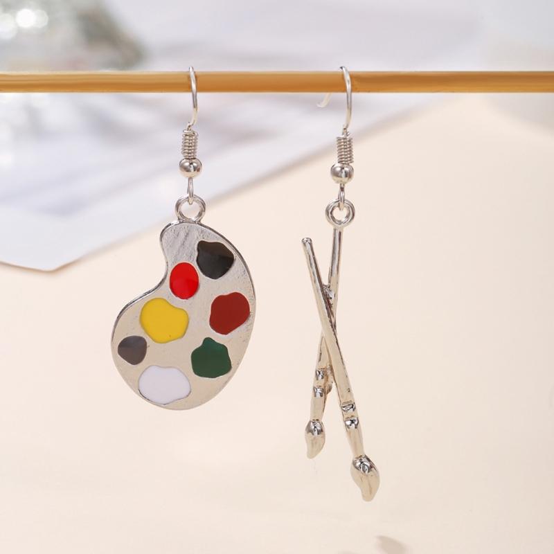Artist Palette and Paintbrush Drop Earrings for Women, Polished Alloy French Hook Jewelry for Commute Styling