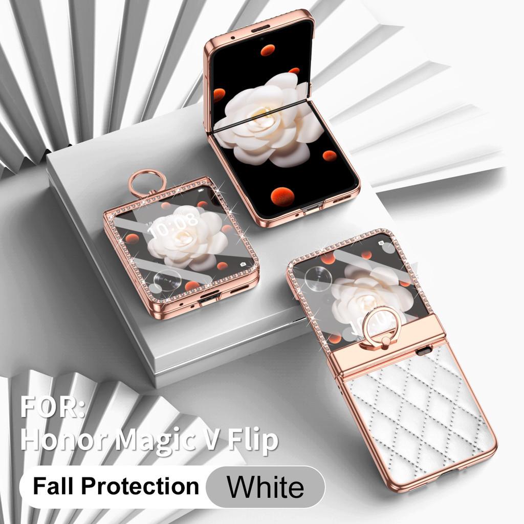 Galvanisiertes Lederetui mit Fingerringhalter für Honor Magic V Flip. Luxuriöse Linsenschutzbeschichtung mit Diamanten für Honor MagicV Flip LRA-AN00